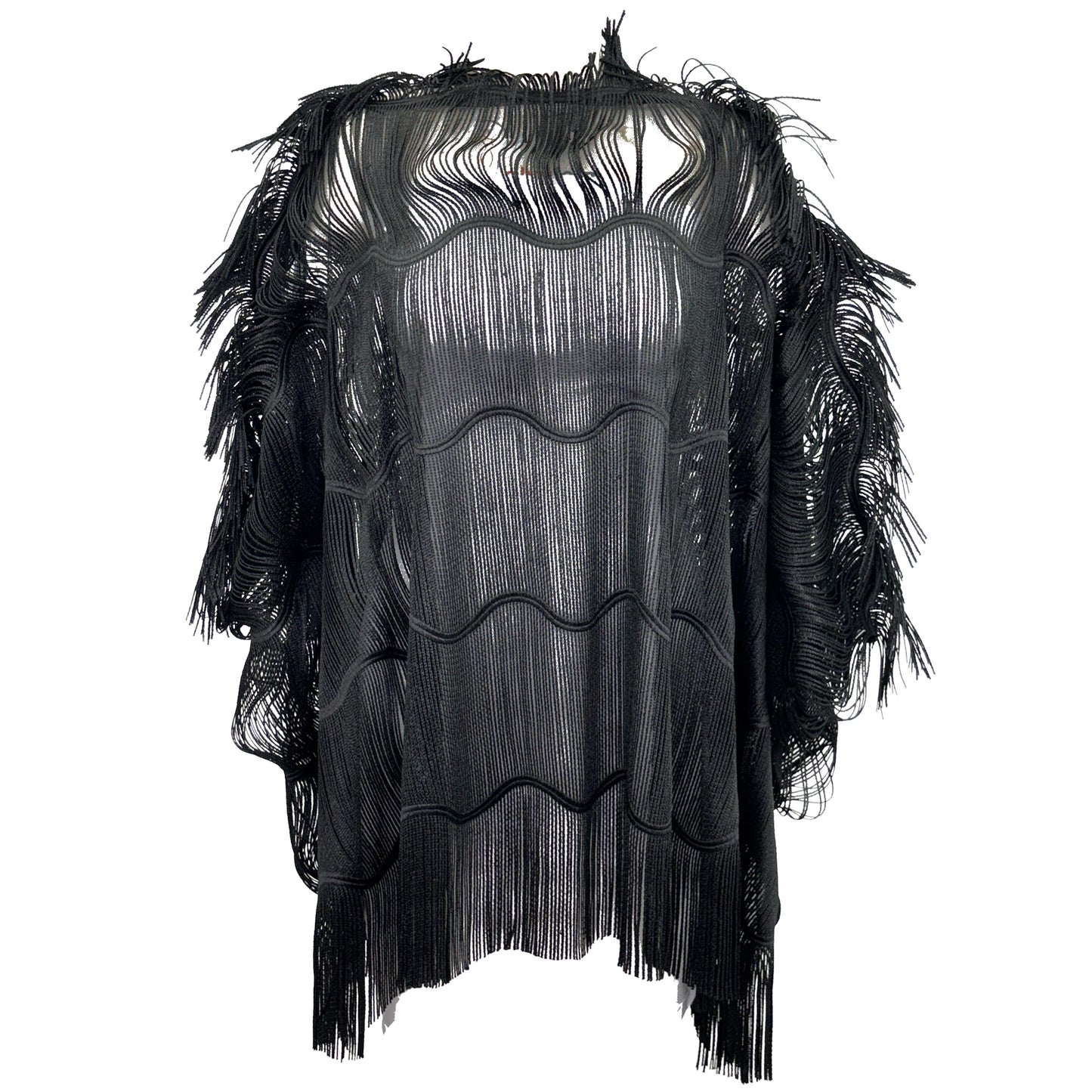 Black Fringe Pullover Poncho Dress