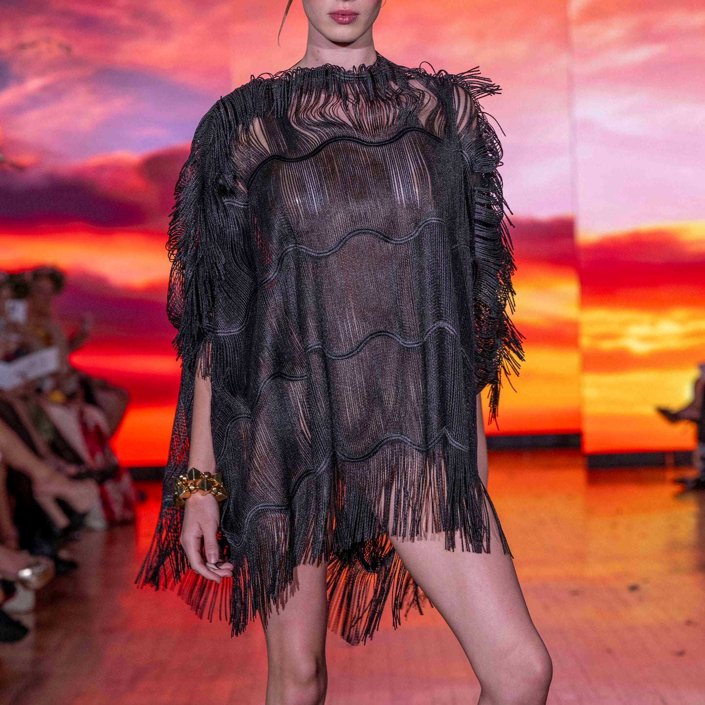 Black Fringe Pullover Poncho Dress