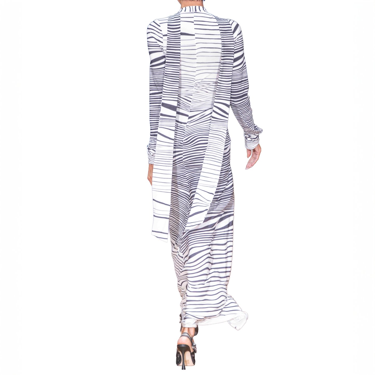 Long black and white striped dress on a white background